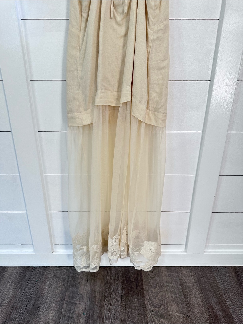 Anthropology Celandie M cream linen lace trim sheer bottom coastal maxi dress - Picture 13 of 16